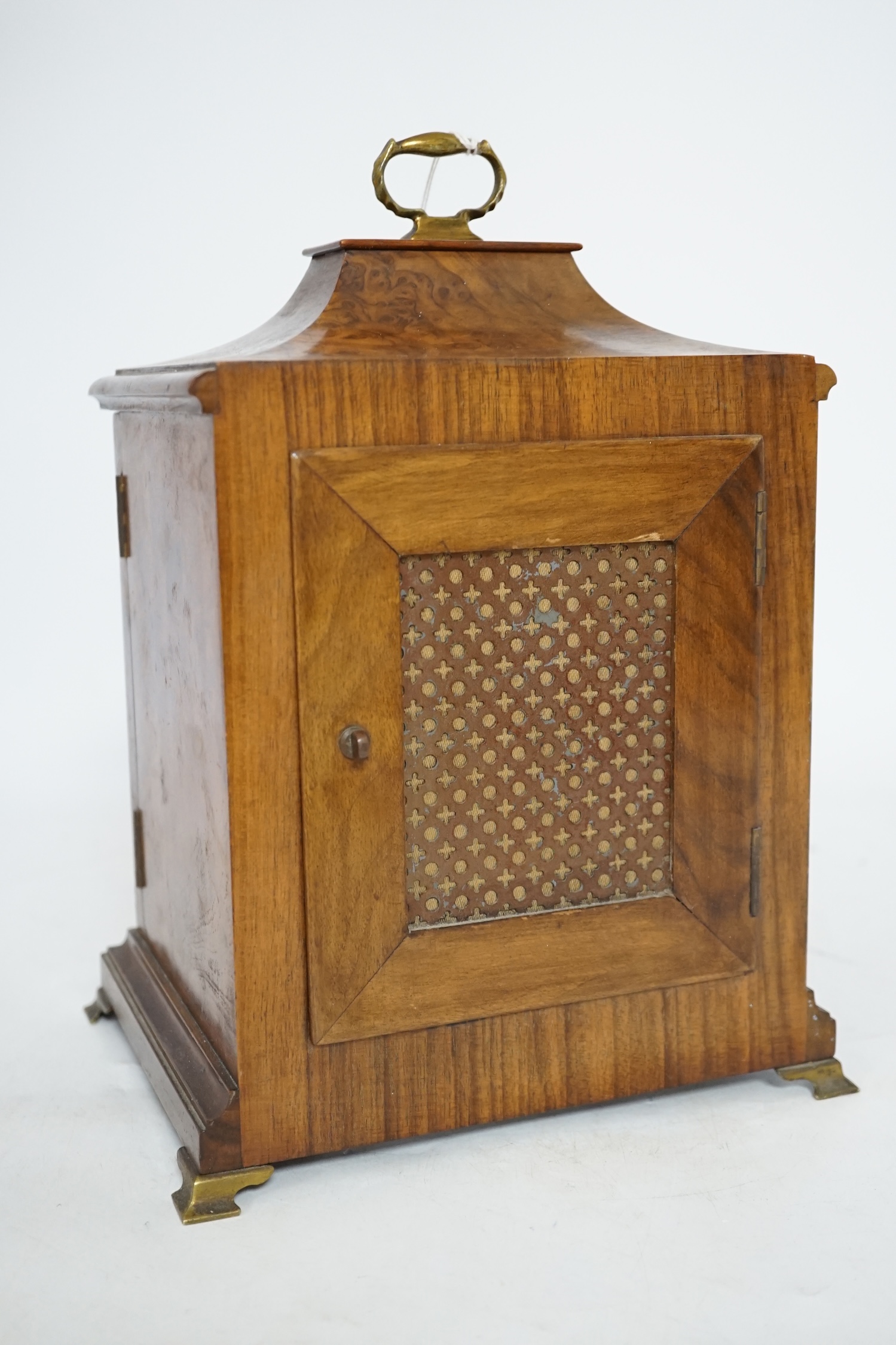 A Mappin & Webb walnut mantel clock, with key, 28.5cm high. Condition - case good, not tested
